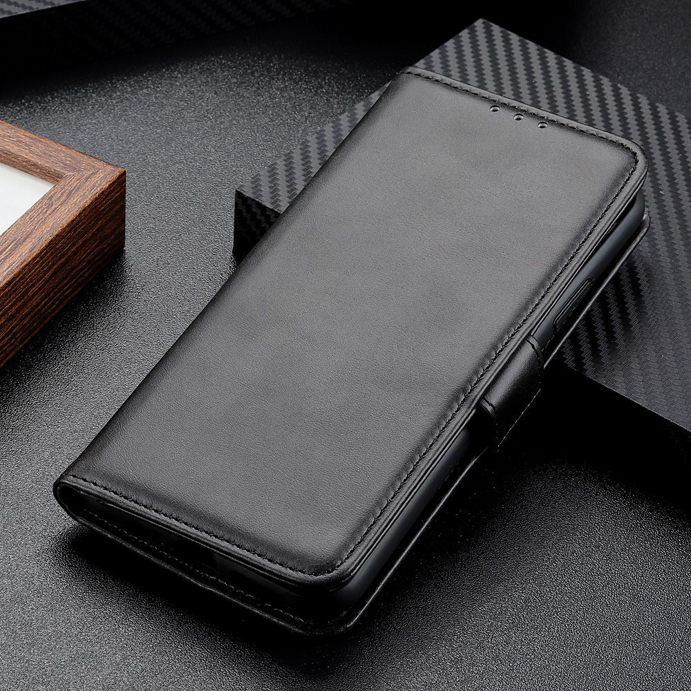 For Samsung Galaxy A06 Case Stand Cowhide Texture PU Leather Phone Cover - Black