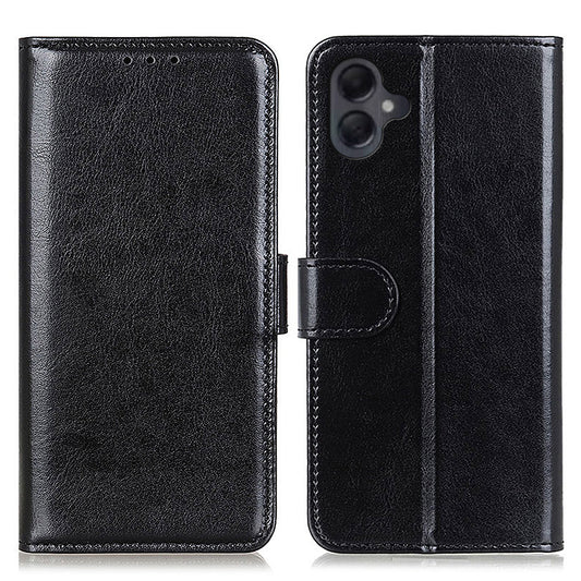 For Samsung Galaxy A06 Case Crazy Horse Texture PU Leather Phone Stand Cover - Black