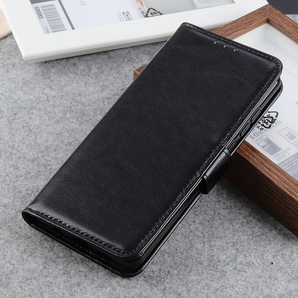 For Samsung Galaxy A06 Case Crazy Horse Texture PU Leather Phone Stand Cover - Black