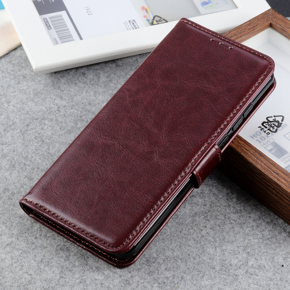 For Samsung Galaxy A06 Case Crazy Horse Texture PU Leather Phone Stand Cover - Brown