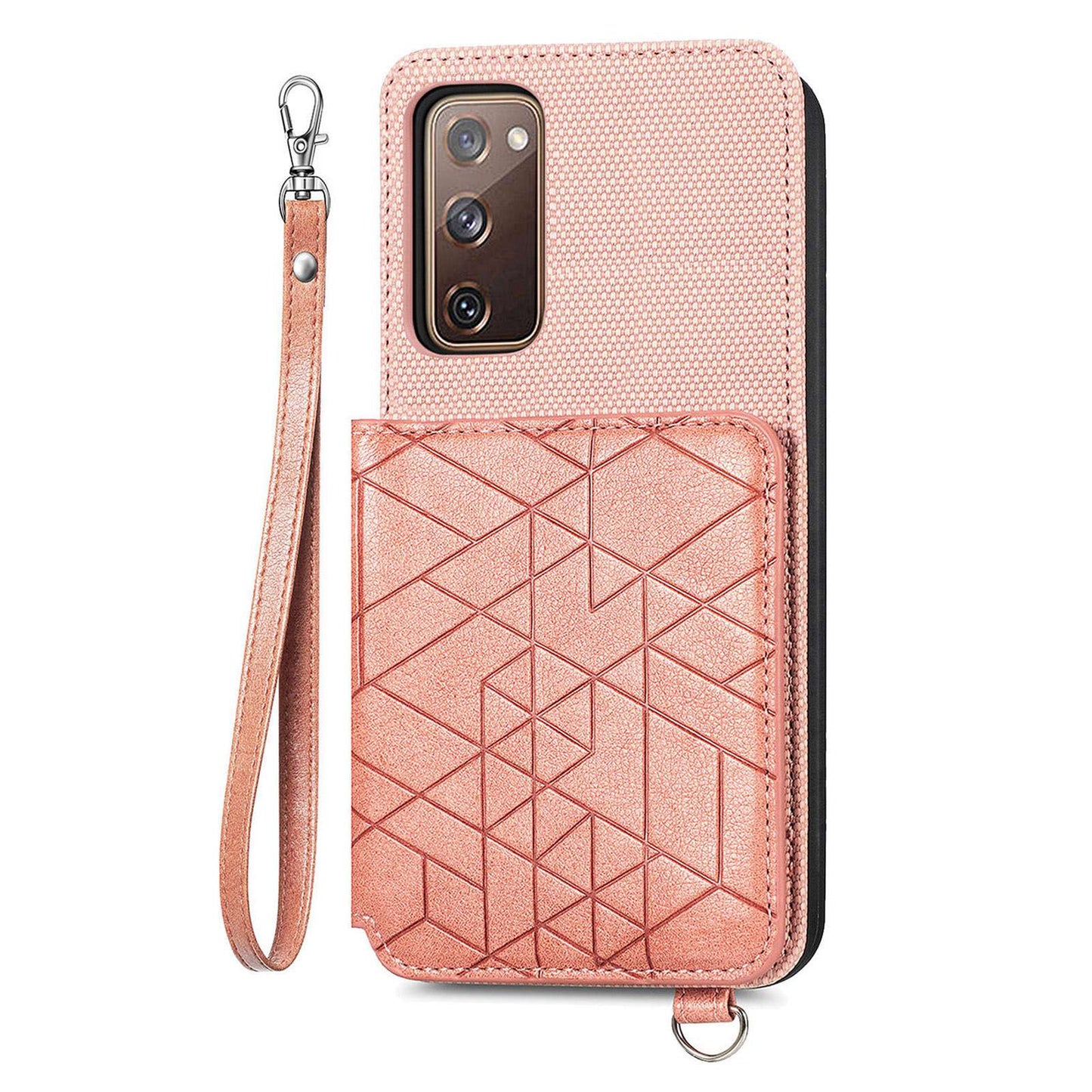 For Samsung Galaxy S20 FE / S20 FE 5G / S20 FE 2022 / S20 Lite Leather Coated TPU Case Kickstand Geometry Imprinted Wallet Cover - Rose Gold
