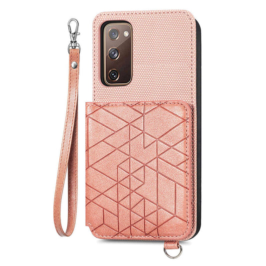 For Samsung Galaxy S20 FE / S20 FE 5G / S20 FE 2022 / S20 Lite Leather Coated TPU Case Kickstand Geometry Imprinted Wallet Cover - Rose Gold