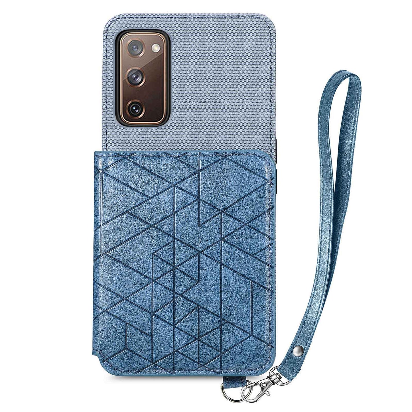 For Samsung Galaxy S20 FE / S20 FE 5G / S20 FE 2022 / S20 Lite Leather Coated TPU Case Kickstand Geometry Imprinted Wallet Cover - Blue