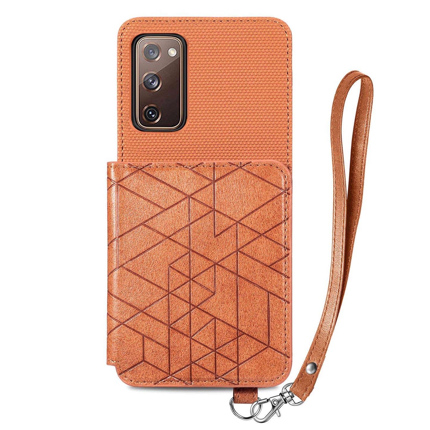 For Samsung Galaxy S20 FE / S20 FE 5G / S20 FE 2022 / S20 Lite Leather Coated TPU Case Kickstand Geometry Imprinted Wallet Cover - Brown