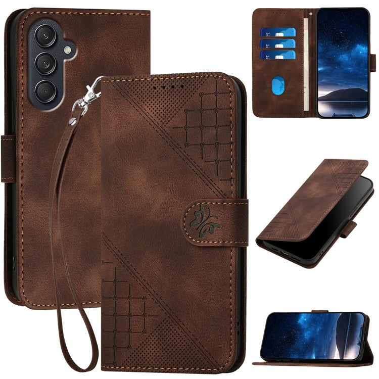 For Samsung Galaxy F55 5G / C55 5G / M55 5G Leather Wallet Case Butterfly Flower Imprinted Phone Cover with Strap - Brown