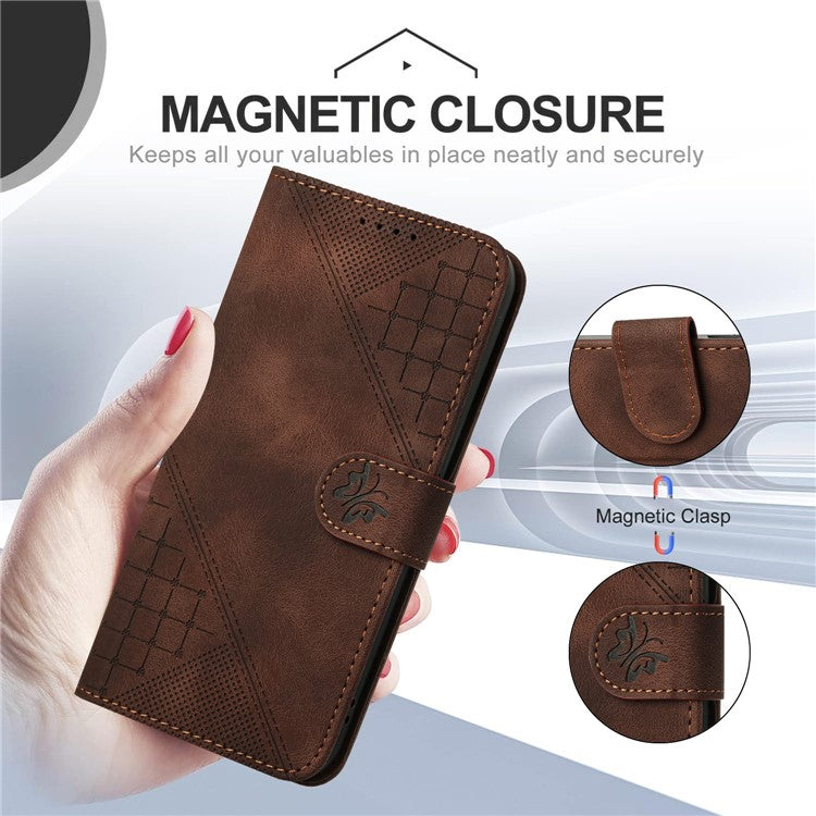 For Samsung Galaxy F55 5G / C55 5G / M55 5G Leather Wallet Case Butterfly Flower Imprinted Phone Cover with Strap - Brown