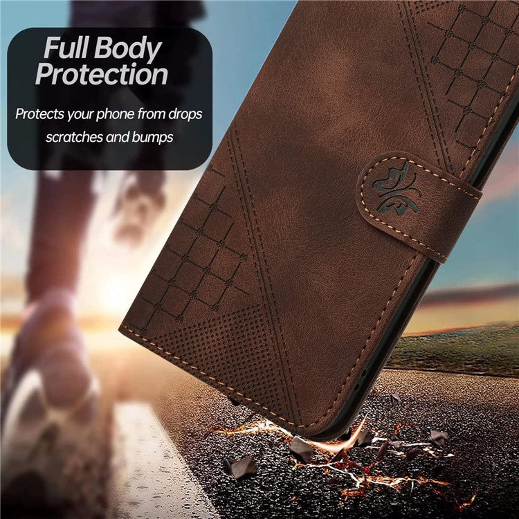 For Samsung Galaxy F55 5G / C55 5G / M55 5G Leather Wallet Case Butterfly Flower Imprinted Phone Cover with Strap - Brown