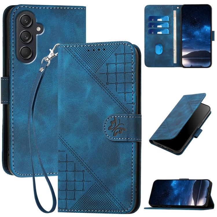 For Samsung Galaxy F55 5G / C55 5G / M55 5G Leather Wallet Case Butterfly Flower Imprinted Phone Cover with Strap - Sapphire