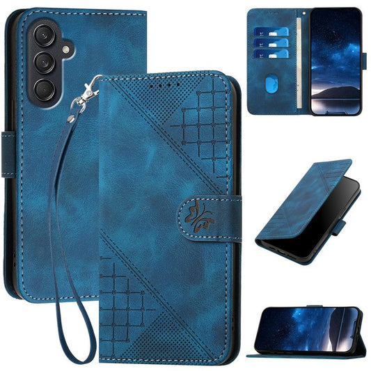 For Samsung Galaxy F55 5G / C55 5G / M55 5G Leather Wallet Case Butterfly Flower Imprinted Phone Cover with Strap - Sapphire