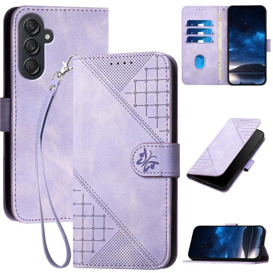 For Samsung Galaxy F55 5G / C55 5G / M55 5G Leather Wallet Case Butterfly Flower Imprinted Phone Cover with Strap - Light Purple