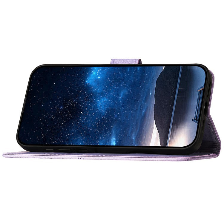For Samsung Galaxy F55 5G / C55 5G / M55 5G Leather Wallet Case Butterfly Flower Imprinted Phone Cover with Strap - Light Purple