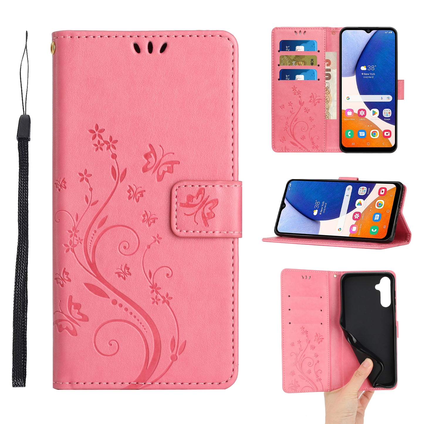 For Samsung Galaxy A16 5G / A16 4G Case PU Leather Phone Wallet Cover with Strap - Pink
