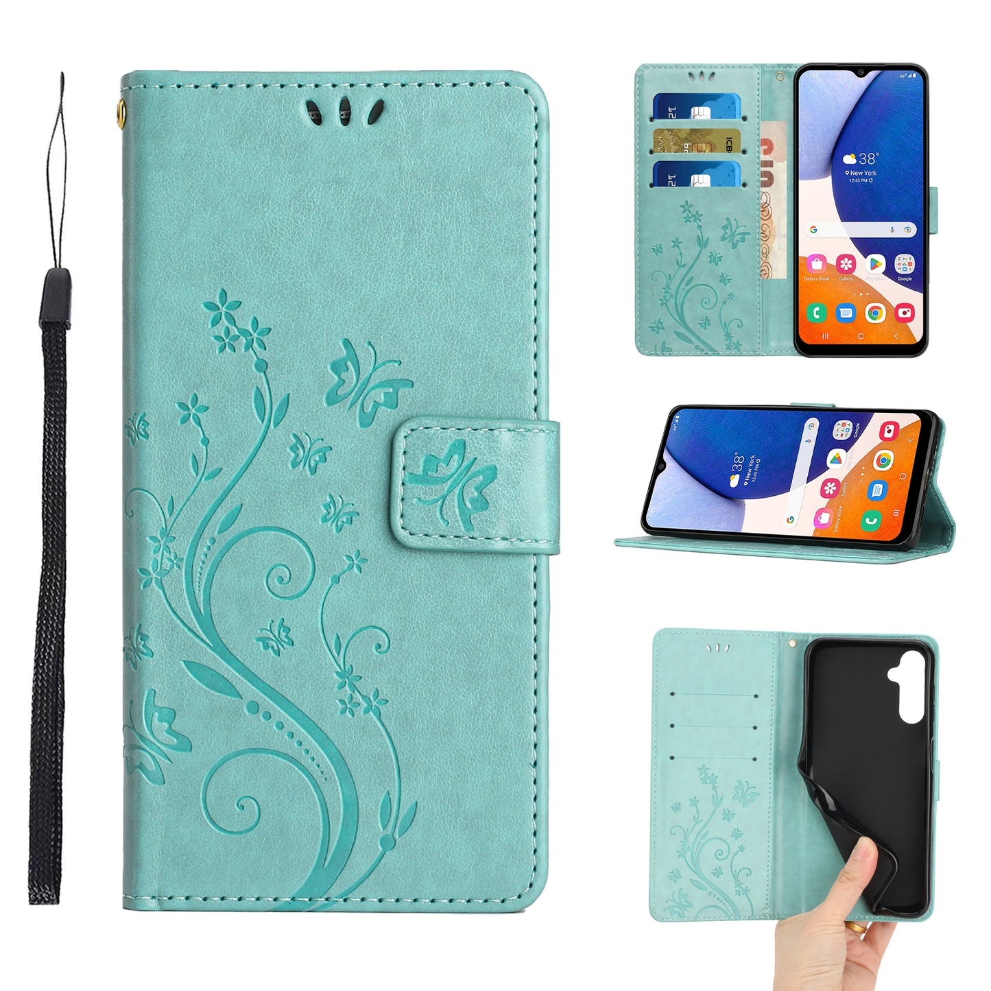 For Samsung Galaxy A16 5G / A16 4G Case PU Leather Phone Wallet Cover with Strap - Baby Blue