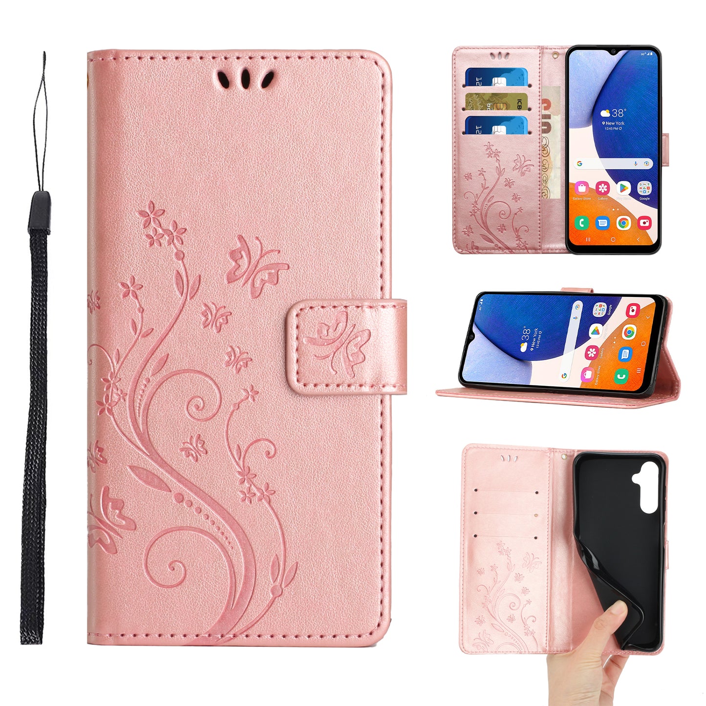 For Samsung Galaxy A16 5G / A16 4G Case PU Leather Phone Wallet Cover with Strap - Rose Gold