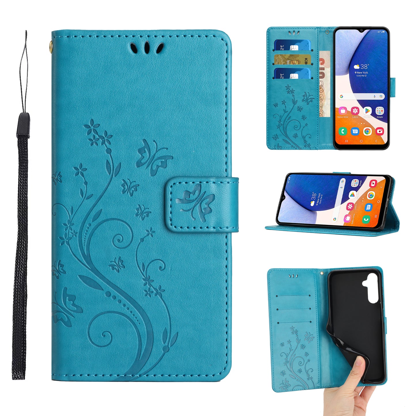 For Samsung Galaxy A16 5G / A16 4G Case PU Leather Phone Wallet Cover with Strap - Blue
