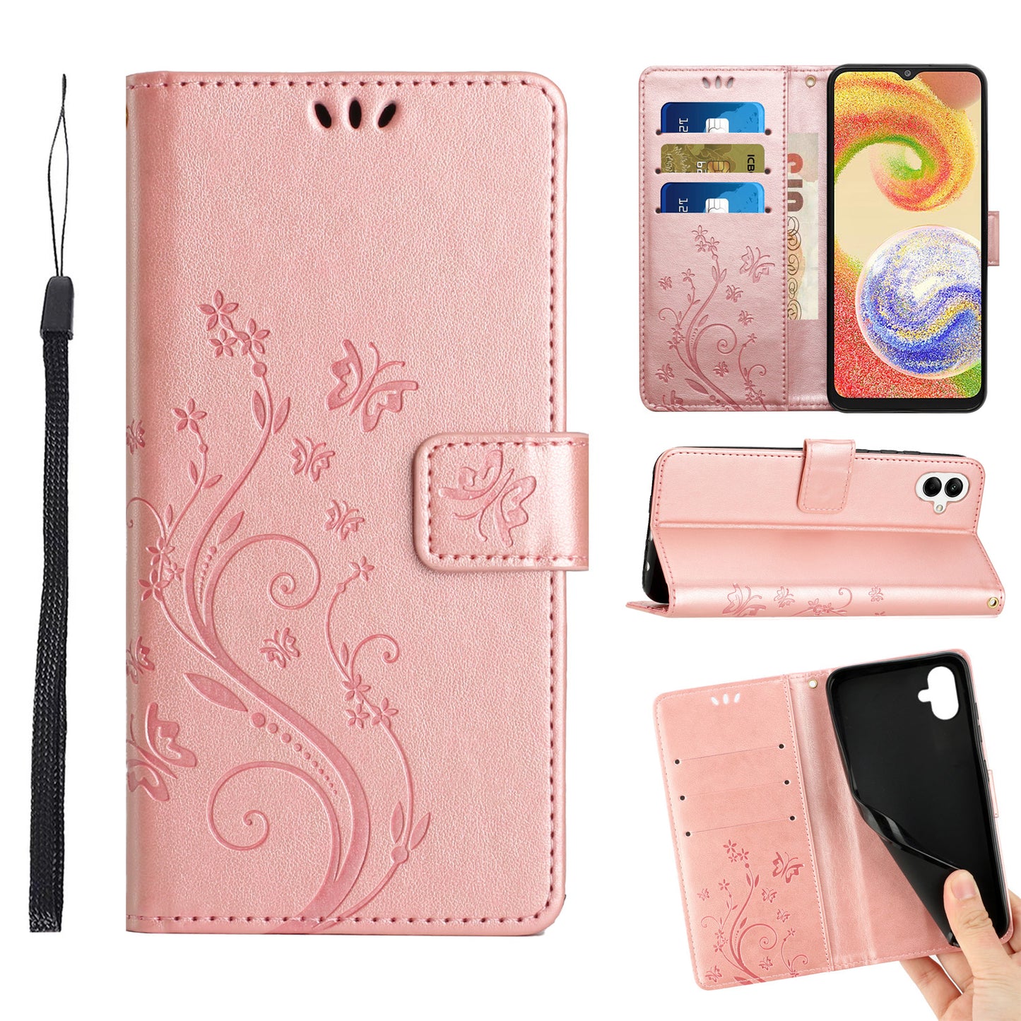 For Samsung Galaxy A06 Case PU Leather Phone Wallet Cover with Strap - Rose Gold