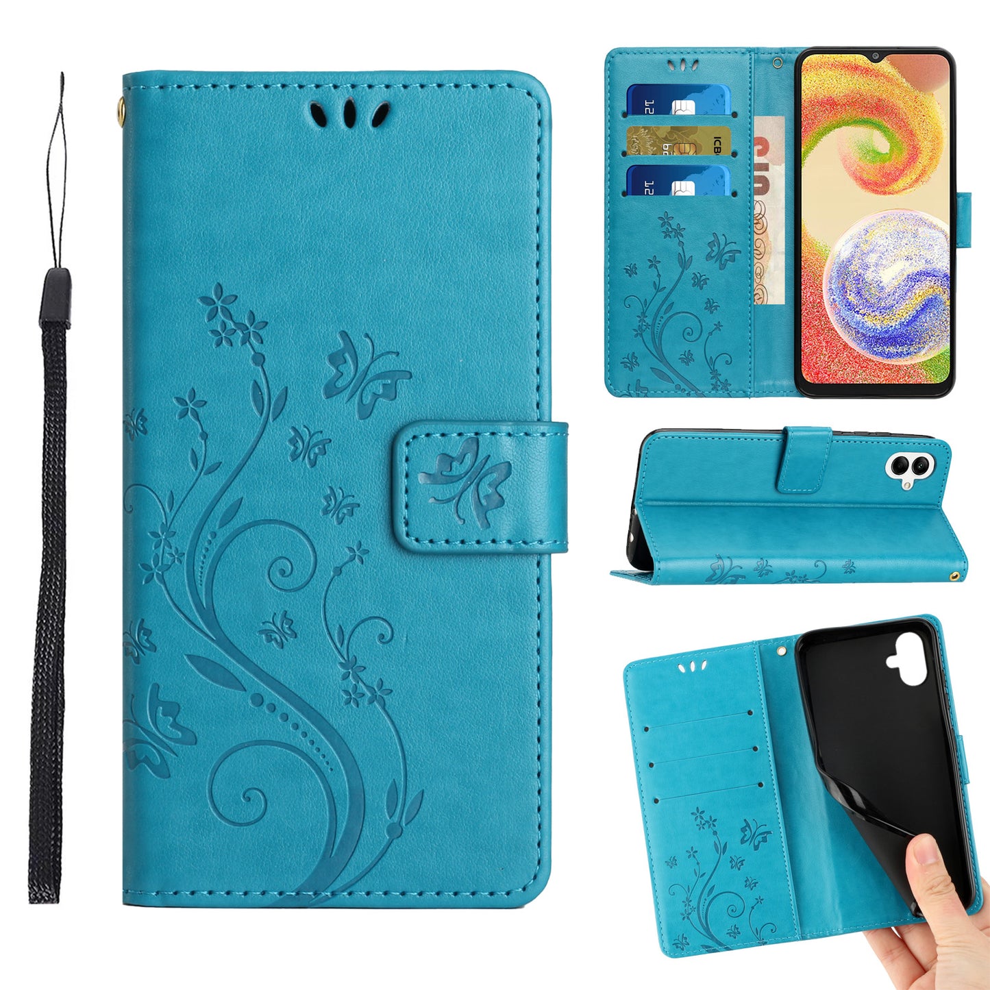 For Samsung Galaxy A06 Case PU Leather Phone Wallet Cover with Strap - Blue