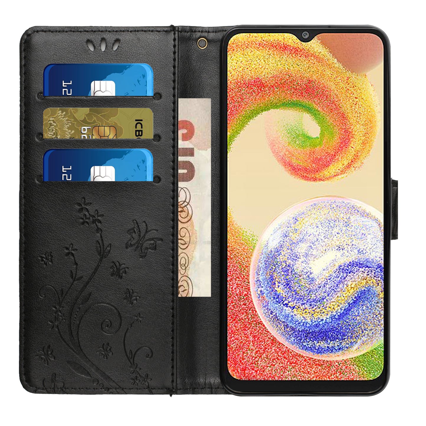 For Samsung Galaxy A06 Case PU Leather Phone Wallet Cover with Strap - Black
