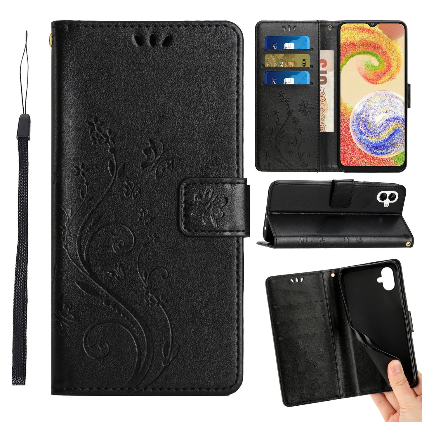 For Samsung Galaxy A06 Case PU Leather Phone Wallet Cover with Strap - Black