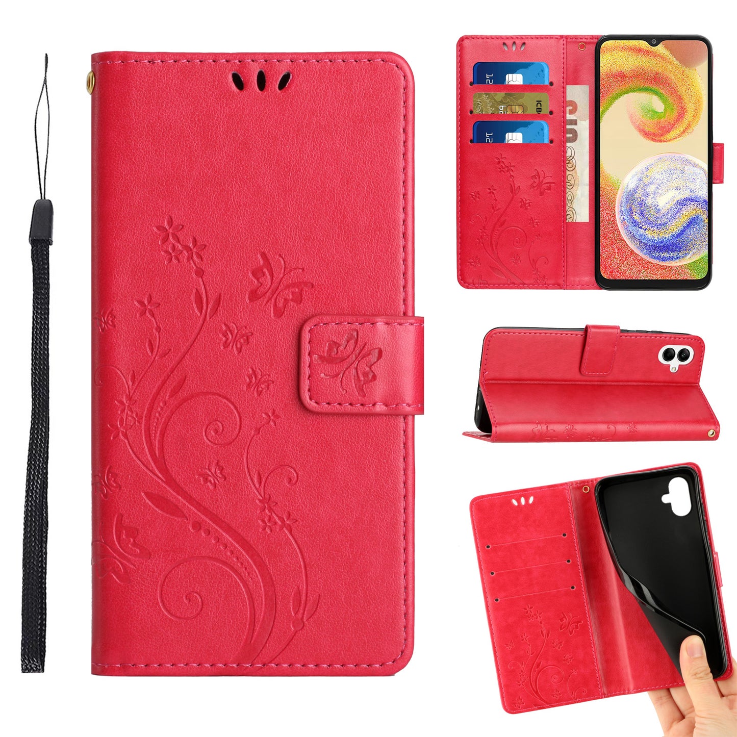 For Samsung Galaxy A06 Case PU Leather Phone Wallet Cover with Strap - Red