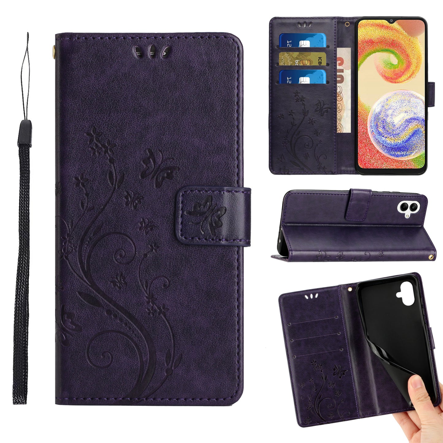 For Samsung Galaxy A06 Case PU Leather Phone Wallet Cover with Strap - Dark Purple