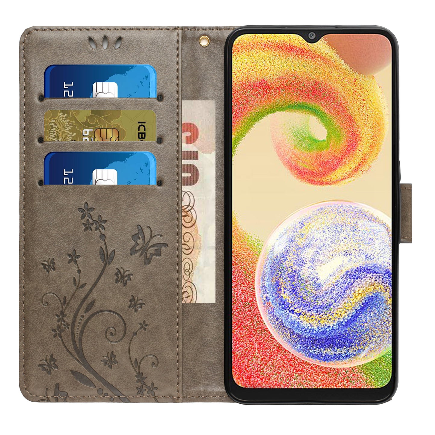 For Samsung Galaxy A06 Case PU Leather Phone Wallet Cover with Strap - Grey