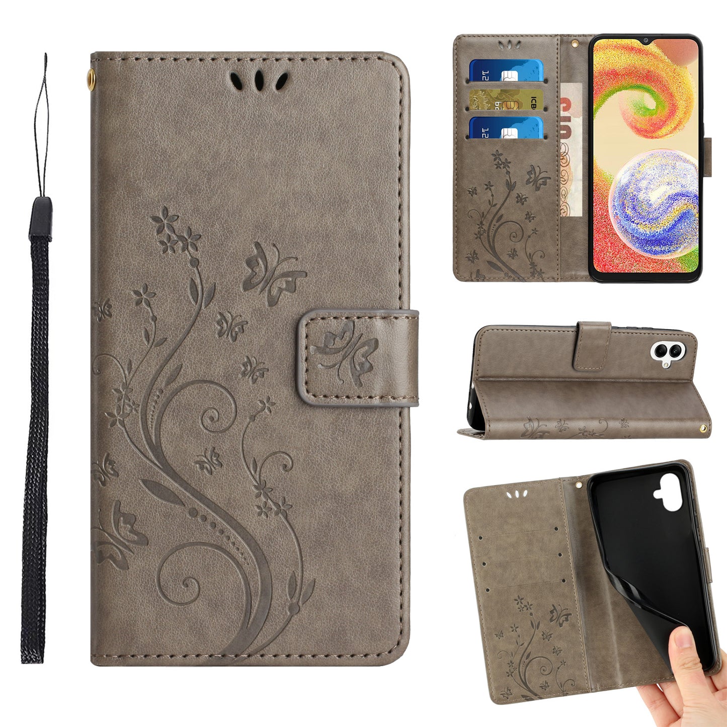 For Samsung Galaxy A06 Case PU Leather Phone Wallet Cover with Strap - Grey