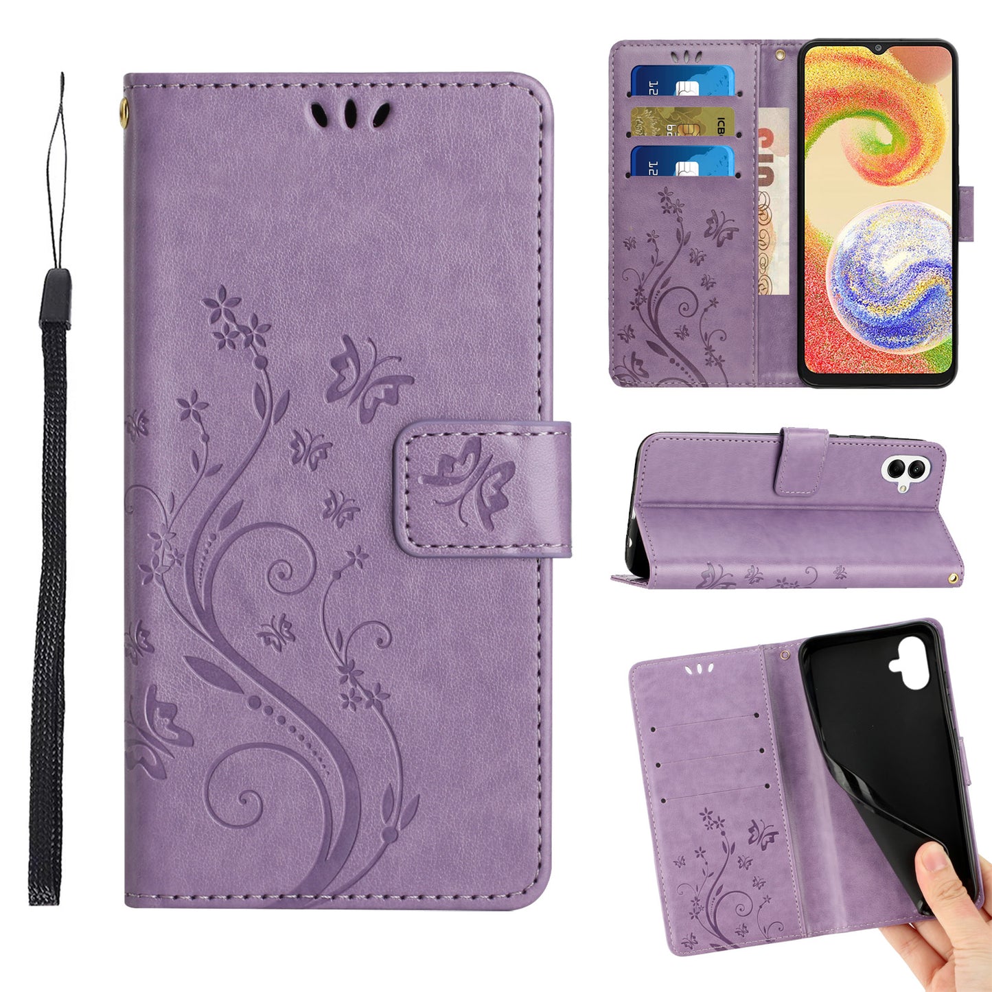 For Samsung Galaxy A06 Case PU Leather Phone Wallet Cover with Strap - Light Purple