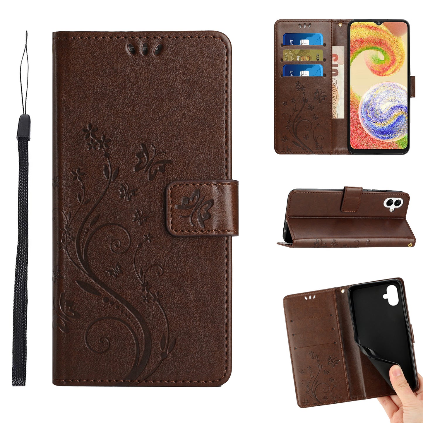 For Samsung Galaxy A06 Case PU Leather Phone Wallet Cover with Strap - Brown