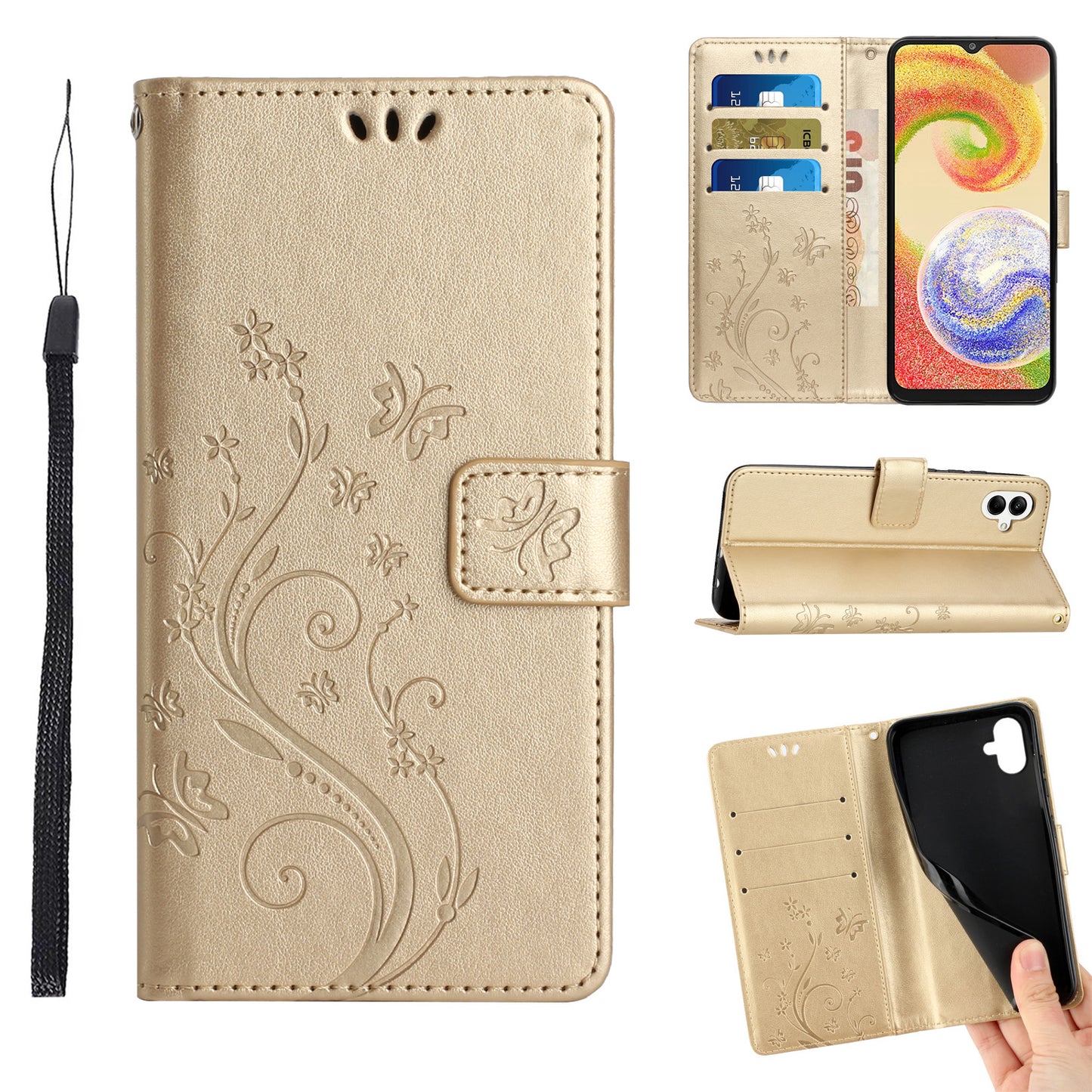 For Samsung Galaxy A06 Case PU Leather Phone Wallet Cover with Strap - Gold