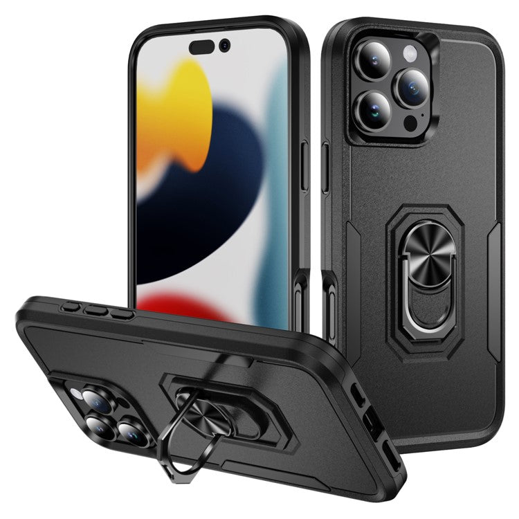 For iPhone 16 Pro Case Military Grade Ring Kickstand PC+TPU Phone Cover - Black