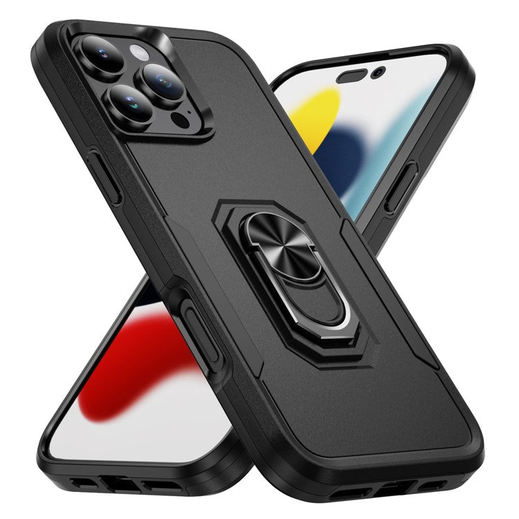 For iPhone 16 Pro Case Military Grade Ring Kickstand PC+TPU Phone Cover - Black