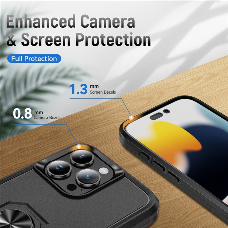 For iPhone 16 Pro Case Military Grade Ring Kickstand PC+TPU Phone Cover - Black