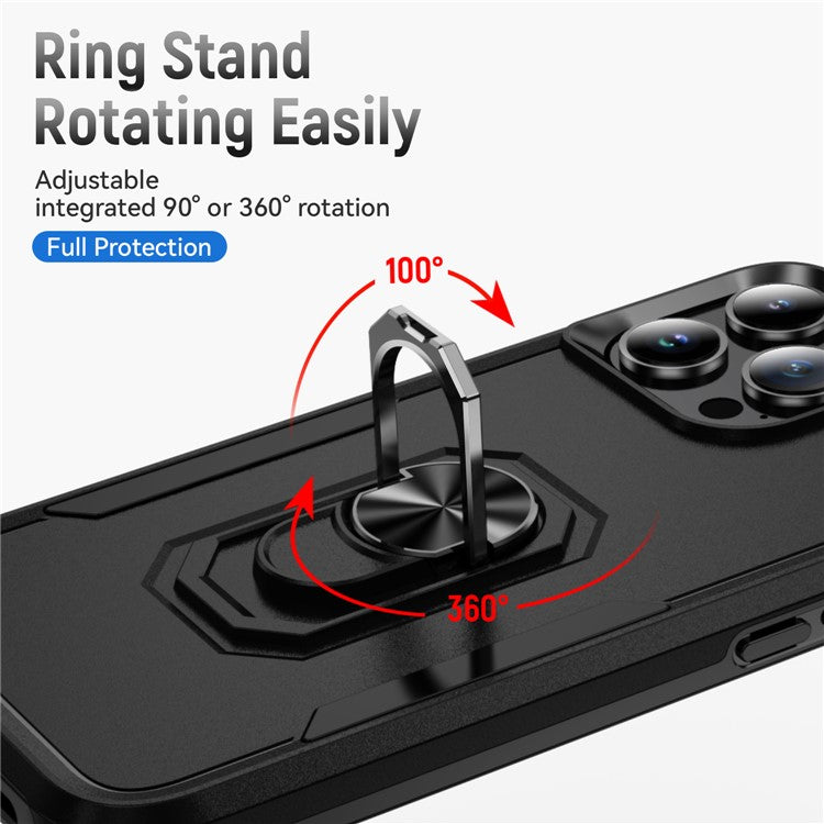 For iPhone 16 Pro Case Military Grade Ring Kickstand PC+TPU Phone Cover - Black