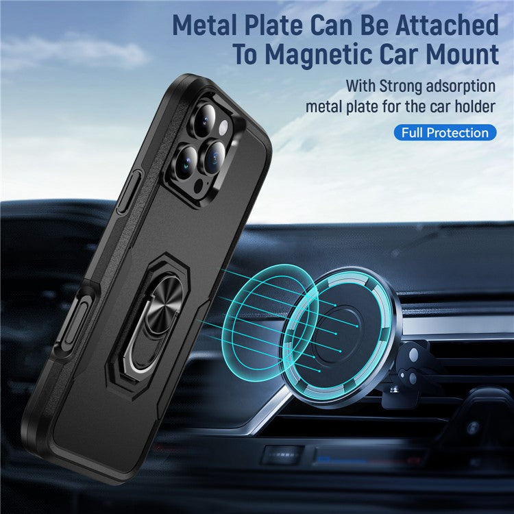 For iPhone 16 Pro Case Military Grade Ring Kickstand PC+TPU Phone Cover - Black
