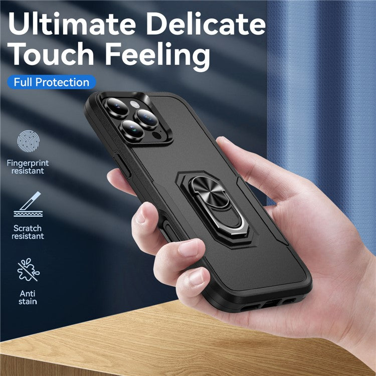 For iPhone 16 Pro Case Military Grade Ring Kickstand PC+TPU Phone Cover - Black