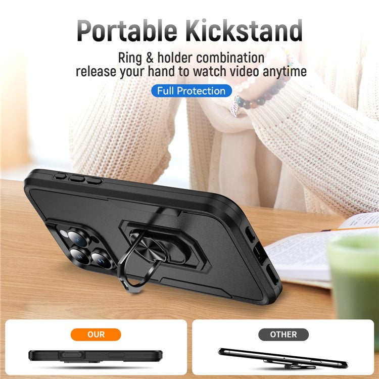 For iPhone 16 Pro Case Military Grade Ring Kickstand PC+TPU Phone Cover - Black