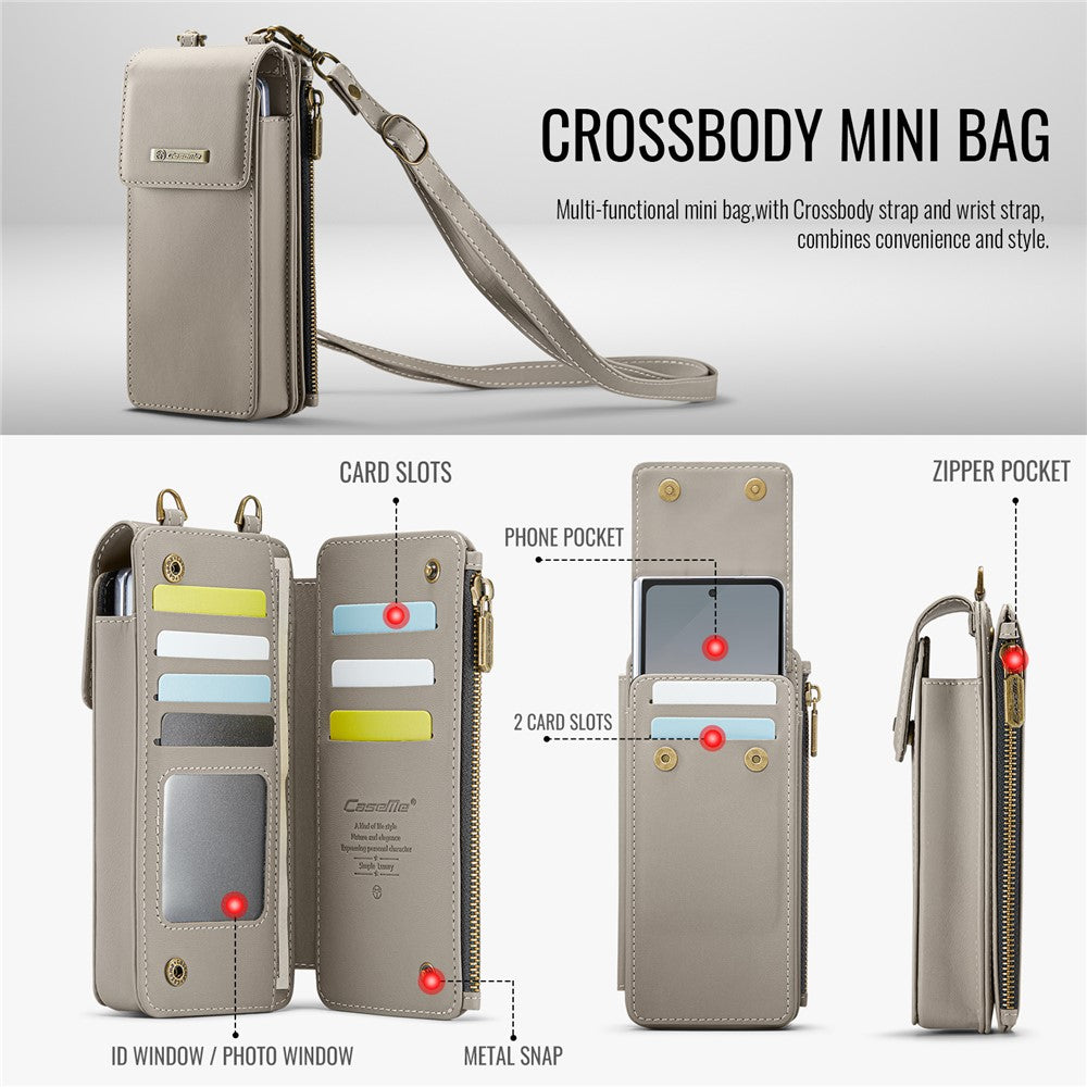 CASEME ME50 Phone Shoulder Bag for Samsung Galaxy Z Fold7 5G / Z Fold6 5G / Z Fold5 5G / Z Fold4 5G / Z Fold3 5G RFID Blocking Leather Pouch - Grey