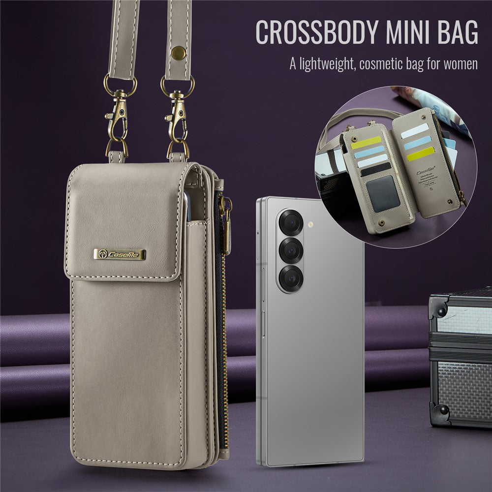 CASEME ME50 Phone Shoulder Bag for Samsung Galaxy Z Fold7 5G / Z Fold6 5G / Z Fold5 5G / Z Fold4 5G / Z Fold3 5G RFID Blocking Leather Pouch - Grey