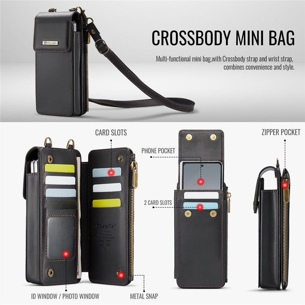 CASEME ME50 Phone Shoulder Bag for Samsung Galaxy Z Fold7 5G / Z Fold6 5G / Z Fold5 5G / Z Fold4 5G / Z Fold3 5G RFID Blocking Leather Pouch - Black