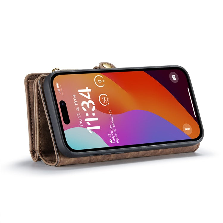 CASEME 008 Series for iPhone 16 Pro Case Leather Phone Cover Zipper Pocket Wallet - Brown