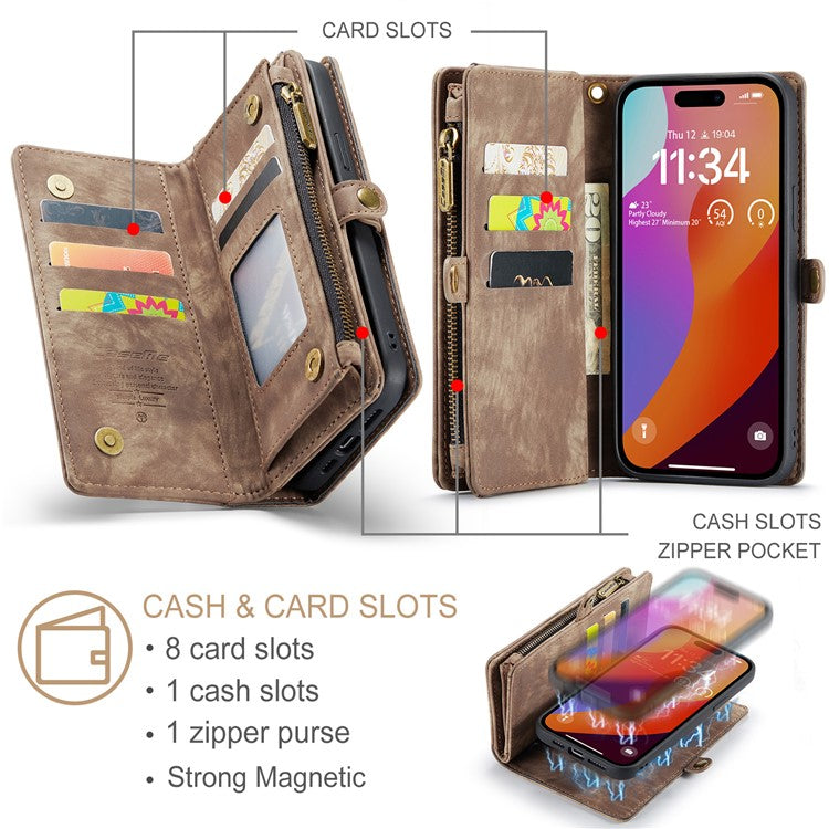 CASEME 008 Series for iPhone 16 Pro Case Leather Phone Cover Zipper Pocket Wallet - Brown