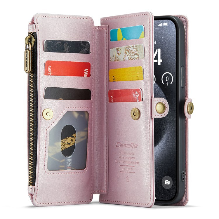 CASEME C36 Series For iPhone 16 Pro Case Zipper Wallet Leather Phone Cover with Straps - Pink
