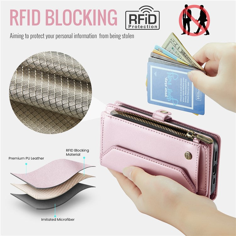 CASEME C36 Series For iPhone 16 Pro Case Zipper Wallet Leather Phone Cover with Straps - Pink