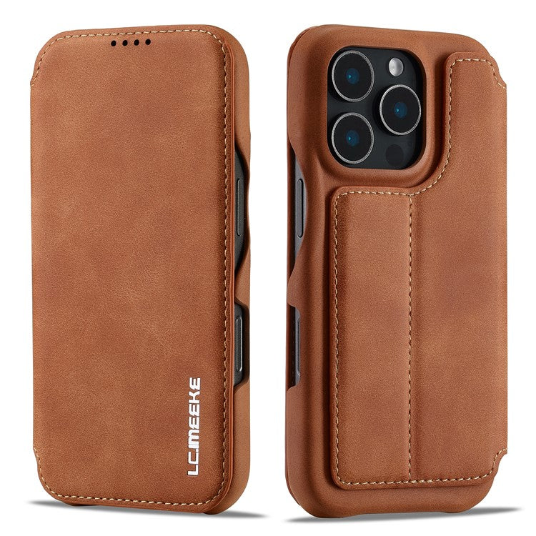 LC.IMEEKE For iPhone 16 Pro Case Card Holder Stand Leather Phone Cover - Brown