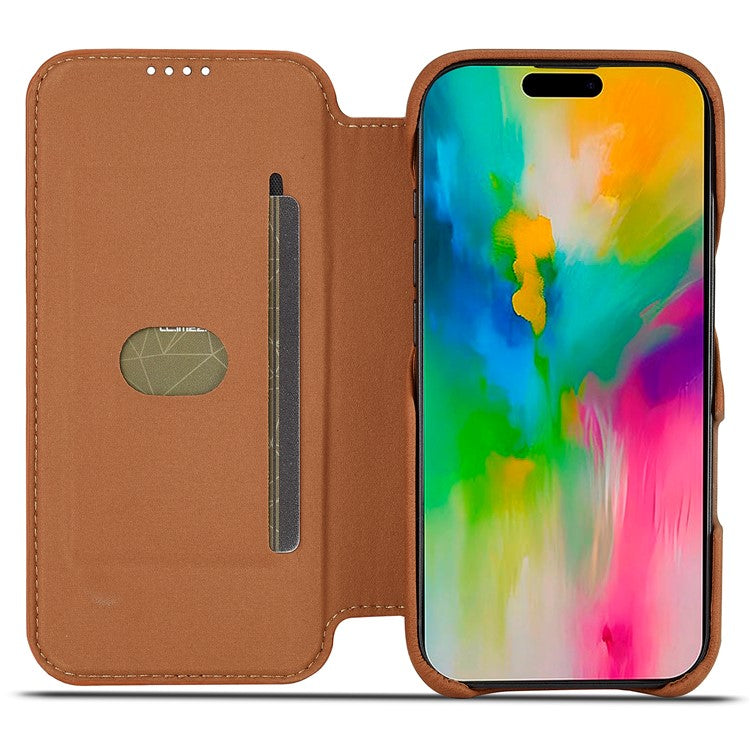 LC.IMEEKE For iPhone 16 Pro Case Card Holder Stand Leather Phone Cover - Brown