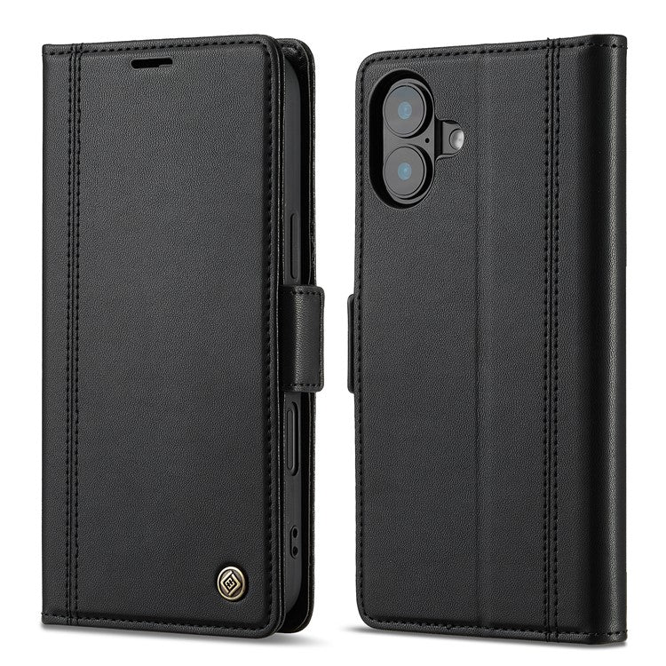 LC.IMEEKE For iPhone 16 Plus Leather Case Imprint Lines Phone Cover Wallet Stand - Black