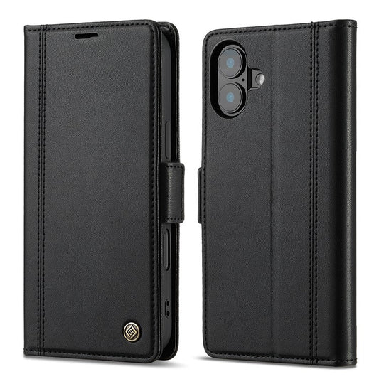 LC.IMEEKE For iPhone 16 Plus Leather Case Imprint Lines Phone Cover Wallet Stand - Black