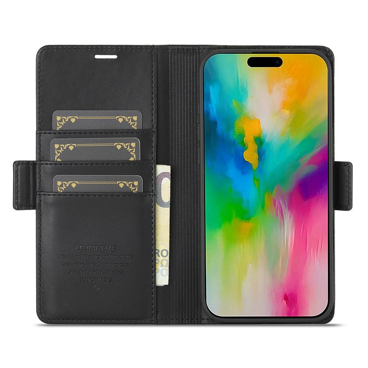 LC.IMEEKE For iPhone 16 Plus Leather Case Imprint Lines Phone Cover Wallet Stand - Black