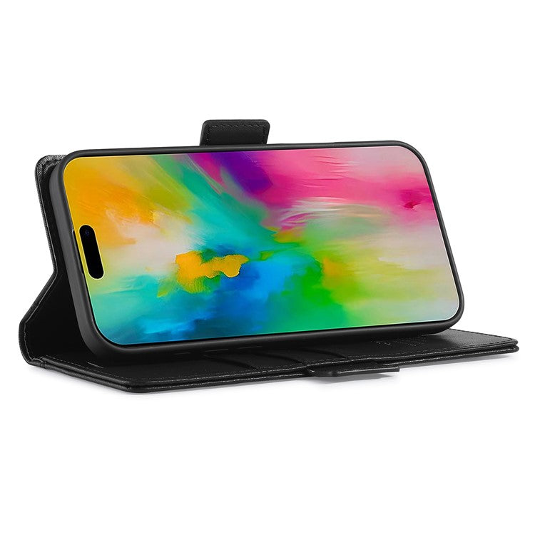 LC.IMEEKE For iPhone 16 Plus Leather Case Imprint Lines Phone Cover Wallet Stand - Black